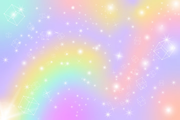Fototapete - Pastel colorful tone glow cloud and star bokeh reach to sky concept. Cubic floating modern Dream hologram fantasy land beautiful blur object vector illustration background