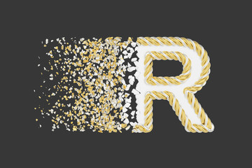 Aufkleber - Shattering letter R 3D realistic raster illustration. Twisted letter with explosion effect on dark background.