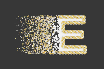 Aufkleber - Shattering letter E 3D realistic raster illustration. Twisted letter with explosion effect on dark background.