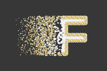 Aufkleber - Shattering letter F 3D realistic raster illustration. Twisted letter with explosion effect on dark background.