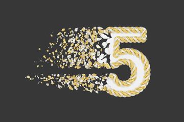 Leinwandbilder - Shattering number 5 3D realistic raster illustration. Twisted number with explosion effect on dark background.