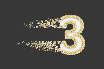 Leinwandbilder - Shattering number 3 3D realistic raster illustration. Twisted number with explosion effect on dark background.