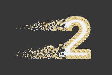 Leinwandbilder - Shattering number 2 3D realistic raster illustration. Twisted number with explosion effect on dark background.