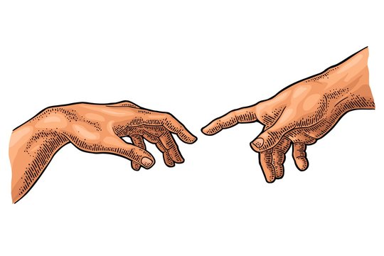 Male finger pointing touch god hand. The Creation of Adam.