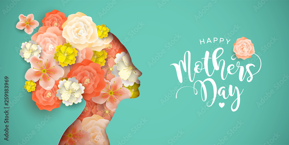 Happy Mothers Day card of papercut mom and flowers - obrazy, fototapety, plakaty 