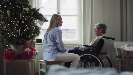 Wall Mural - A senior woman in wheelchair with a health visitor at home at Christmas time.