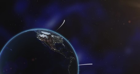 Poster - Planet earth from space with energy white streaks. Global connectivity. Some elements of this image furnished by NASA. 3d illustration. Closeup earth orbit.