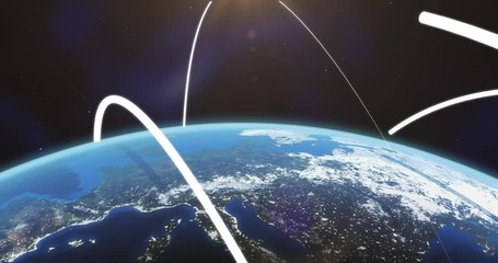Poster - Connection lines Around Earth Globe, Futuristic Technology Theme Background with Light Effect, 3D illustration. Glowing White Line.