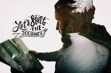 Double Exposure Landscape With Bearded Traveler, Road And Lettering. Metaphor Of Travel.