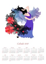 Beautiful Calendar For 2020 Year With Illustration With Girl In A Long Lilac Dress Dancing Flamenco With A Black Shawl With Red Flowers And Hearts In The Shape Of A Flying Fairy Bird.