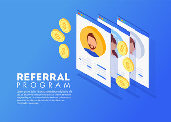 Isometric Referral marketing, network marketing, referral program strategy, referring friends, business partnership, affiliate marketing concept.