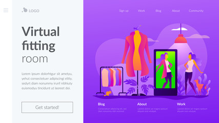 Virtual fitting room, online dressing, e-commerce clothing room concept. Website interface UI template. Landing web page with infographic concept creative hero header image.