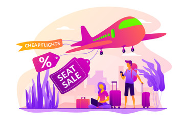 Canvas Print - Low cost flights, budget air tickets, cheap fly tickets concept. Colorful vector isolated concept illustration with tiny people and floral organic elements. Hero image for website.