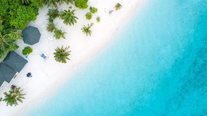 Canvas Print - Beautiful aerial view of Maldives and tropical beach . Travel and vacation concept