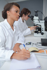 professional female scientist is working with documents