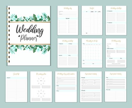 Wall Mural - Wedding planer organizer with checklist, wish list, party time etc. Floral diary design for wedding organisation. Vector wedding planer.