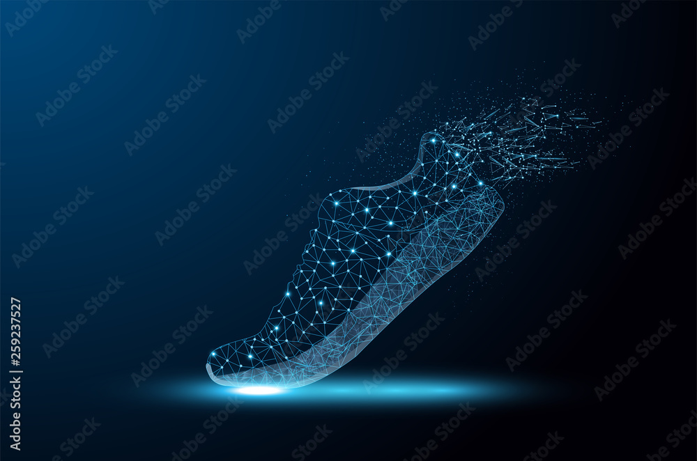 Abstract polygonal light of close up shoes.Trendy abstract wireframe with blue shoe on black background. Abstract connection structure. Wireframe background. Trendy modern design. - obrazy, fototapety, plakaty 