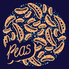 Wall Mural - Peas vector circle pattern with lettering. Funny doodle healthy food on a dark background.