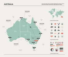 Vector Map Of Australia .  High Detailed Map With Division, Cities And Capital Canberra. Political Map,  World Map, Infographic Elements.