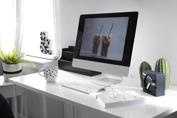 Poster - Comfortable workplace with computer on desk in home office