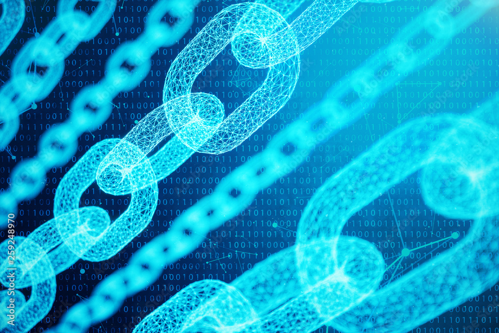 3D illustration digital block chain code. Chain links network. Low ...
