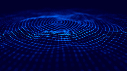 Poster - Wave 3d. Wave of particles. 3D glowing abstract digital particles background. Data technology illustration. Big data visualization. 3d rendering.