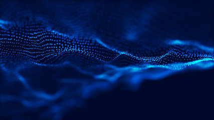 Poster - wave 3d. wave of particles. abstract blue geometric background. big data visualization. data technol