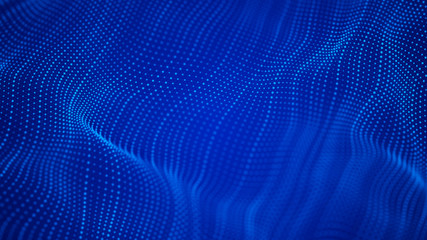 Poster - Wave 3d. Wave of particles. Abstract background with a futuristic wave. Big data visualization. Technology concept. 3d landscape. 3d rendering.
