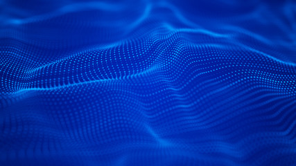 Poster - Wave 3d. Wave of particles. Abstract background with a futuristic wave. Big data visualization. Technology concept. 3d landscape. 3d rendering.