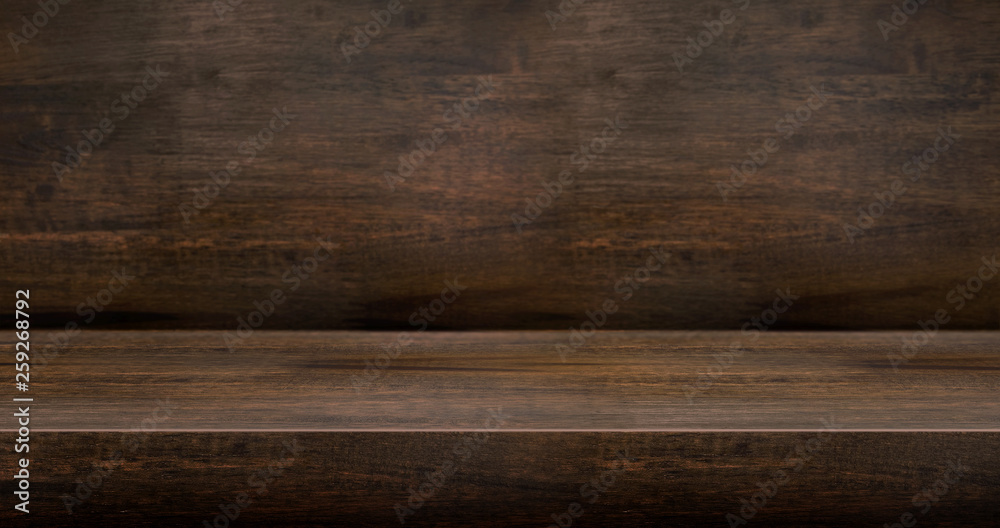 3D dark wood table studio background textured for product display with copy space for display of content design.Banner for advertise product on website.3d rendering - obrazy, fototapety, plakaty 