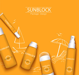 Wall Mural - mono-color orange trendy illustration, sun-protection cosmetics packaging design template. Sunscreen and sunblock cream, spray, milk, antiperspirant