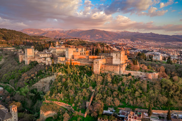 Wall Mural - Granada Alhambra medieval palace castle at sunset aerial view