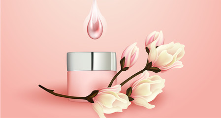 Wall Mural - beautiful vector illustration, realistic mocap, template, cosmetic cream packaging, 3d bottle. around beautiful magnolia flowers. stock illustration.