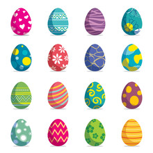 Set Of Easter Eggs Isolated Background. Vector Modern New Design With Different Colors And Patterns.
