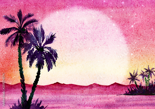 Hand Painted Watercolor Sunset Panorama With Pink Sky Sea Palm