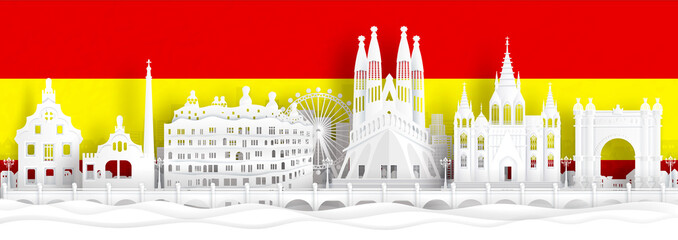 Wall Mural - spain flag and famous landmarks in paper cut style vector illustration.