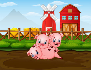 Sticker - Three pigs playing at the farm with red barnhouse background