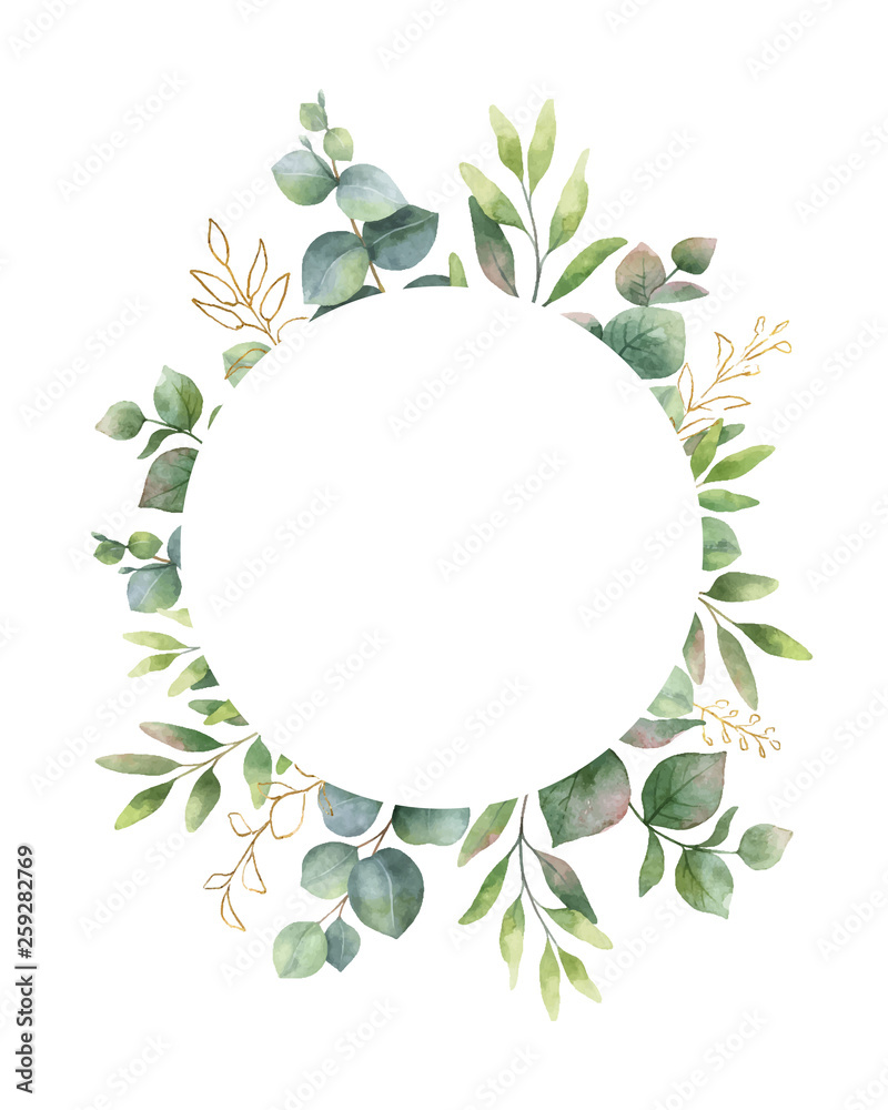 Watercolor vector wreath with green eucalyptus leaves and flowers ...