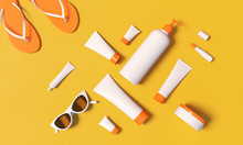 3d Rendering Illustration Of Cosmetic Template For Full Sun Protection. White Plastic Tubes, Cat Eye Glasses And Flipflops Lay On Vibrant Orange Backdrop. Contemporary Trendy Branding Identity Concept