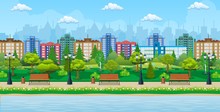 City Park And Pond, Wooden Bench, Street Lamp, Waste Bin In Square. Cityscape With Buildings And Trees. Sky With Clouds And Sun. Leisure Time In Summer City Park. Vector Illustration In Flat Style