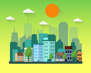 Flat design city landscape green tone.