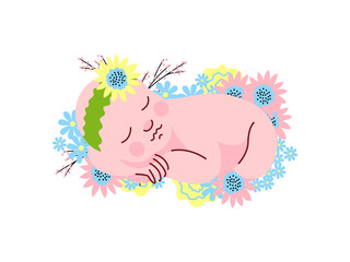 Sticker - Cute Newborn Baby Girl in Flower Headband Sleeping on Spring Flowers Vector Illustration