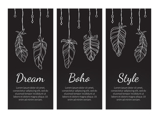 Wall Mural - Dream Boho Style Vintage Chalkboard Banners Set with Feathers, Native American Indian Spiritual Symbols Vector Illustration