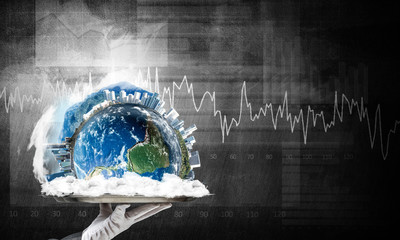 Wall Mural - Hand of waitress presenting Earth globe on tray.