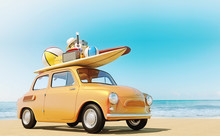 Small Retro Car With Baggage, Luggage And Beach Equipment On The Roof, Fully Packed, Ready For Summer Vacation, Concept Of A Road Trip With Family And Friends