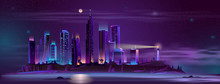 Modern Metropolis Buildings On Sea Or Ocean Island Steep Shore With Beach Night Landscape Cartoon Vector In Neon Colors. Modern City Skyline With Futuristic Skyscrapers And Lighthouse Illustration