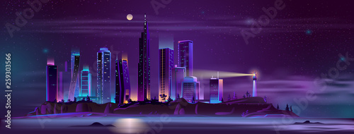 Fotomural Modern metropolis buildings on sea or ocean island steep shore with beach night landscape cartoon vector in neon colors