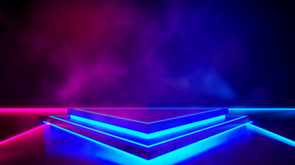 Wall Mural - Triangle stage with smoke and and purple neon  light ,abstract fustic background,ultraviolet  concept,3d render