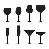 Fototapeta  - Alcohol wine, champagne, gin and martini drink glasses silhouettes. Bar cold cocktail booze. Vector illustration.