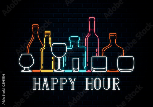 Fotomural Neon bottles and glasses of whiskey, wine, tequila, champagne, cognac, rum, bourbon
